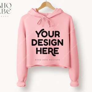 7502 PINK Cropped Hoodie Mockup, Bella Canvas 7502 Mockup, Women&#39;s Cropped Fleece Hoodie, POD Boho Minimalistic Simple Mocks