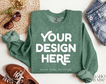 Gildan 18000 Mockup Folded - Heather Sport Dark Green | Boho Flat Lay Mockup, Gildan Folded Sweatshirt Mockup, Gildan Crewneck, Pullover