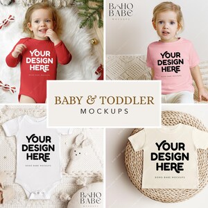 May include: A collection of baby and toddler apparel mockups featuring a red long-sleeve bodysuit, a pink t-shirt, a white short-sleeve bodysuit, and a cream t-shirt, each displaying the black text YOUR DESIGN HERE in a bold, rounded font.
