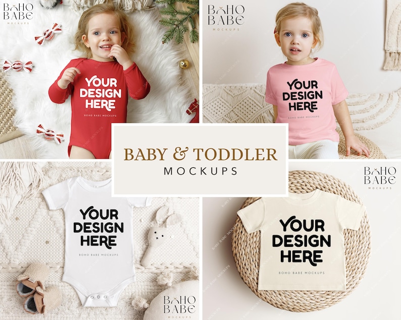 May include: A collection of baby and toddler apparel mockups featuring a red long-sleeve bodysuit, a pink t-shirt, a white short-sleeve bodysuit, and a cream t-shirt, each displaying the black text YOUR DESIGN HERE in a bold, rounded font.