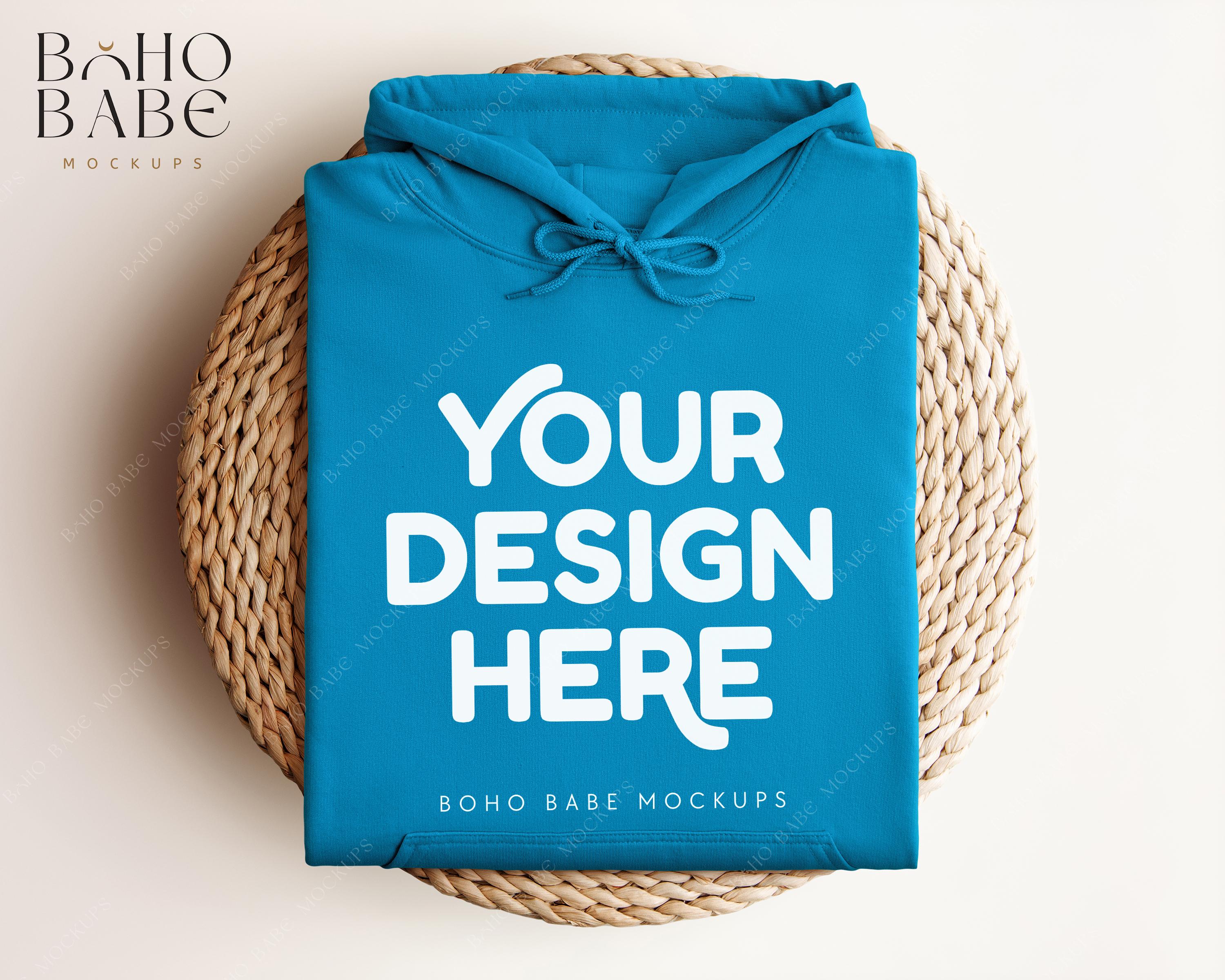 SAPPHIRE Gildan 18500 Mockup | Boho Folded Hoodie Flatlay, G18500