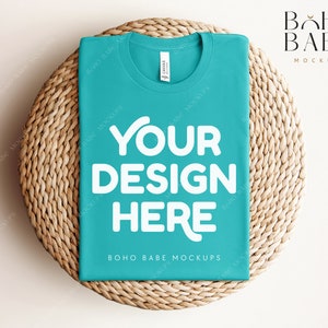 TEAL Bella Canvas 3001 Folded Mockup, Boho Flat Lay Tshirt Mock-up, Bella and Canvas Folded T-shirt Flatlay Mockup, POD Tee Photo