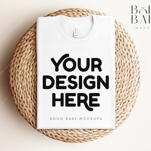 WHITE Bella Canvas 3001 Folded Mockup, Boho Flat Lay Tshirt Mock-up, Bella and Canvas Folded T-shirt Flatlay Mockup, POD Tee Photo