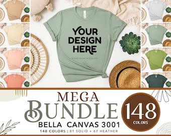 Paquete de maquetas Bella Canvas 3001 / 148 colores Maquetas de camisetas Bella y Canvas, maquetas de camisetas Boho Flat Lay, Tee Flatlay POD Mocks SVG