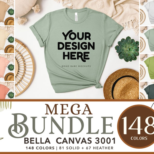 Bella Canvas 3001 Mockup Bundle | 148 Colors Bella and Canvas T-shirt Mockups, Boho Flat Lay Tshirt Mock Ups, Tee Flatlay POD Mocks SVG