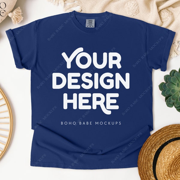 CHINA BLUE Comfort Colors 1717 Mockup | CC1717 T-shirt Boho Flatlay, Simple Shirt Mock up, POD Tee Flat Lay Template, Real Product Photo