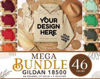 Pacote de Mockup de Manga Gildan 18500 | Mockup de Moletom com Estampa de Manga Esquerda, Design de Bolso, Mockup de Estampa de Punho, POD Boho Flat Lay, Moletom com Capuz Dobrado