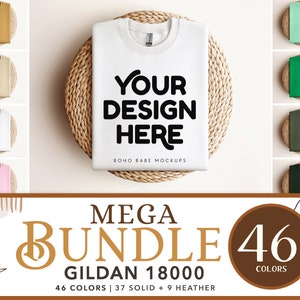 May include: A mockup of a white t-shirt on a woven mat. The t-shirt has the text "YOUR DESIGN HERE" and "BOHO BABE MOCKUPS" printed on it. The image is part of a larger set of 46 color variations of the same t-shirt.