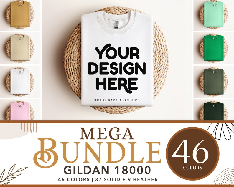May include: A mockup of a white t-shirt on a woven mat. The t-shirt has the text "YOUR DESIGN HERE" and "BOHO BABE MOCKUPS" printed on it. The image is part of a larger set of 46 color variations of the same t-shirt.