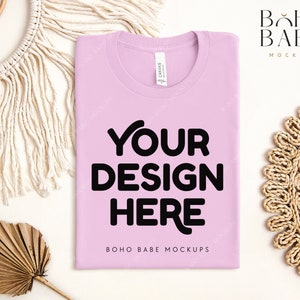LILAC Bella Canvas 3001 Folded Mockup, Boho Flat Lay Tshirt Mock-up, Bella and Canvas Folded T-shirt Flatlay Mockup, POD Tee Photo