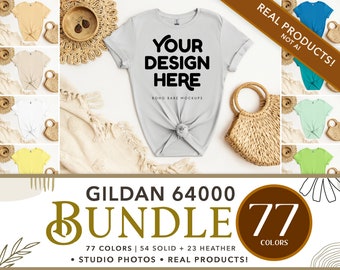 Gildan 64000 Mockup Bundle | 77 Colors | Gildan Soft Style Tshirt Mockup Bundle, Boho Flat Lay Tshirt Mockups, G64000 Softstyle Flatlay, POD