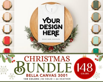Puede incluir: Una maqueta de camiseta blanca Bella Canvas 3001 con el texto "YOUR DESIGN HERE" sobre un plato de madera con una corona navideña. La imagen incluye un gráfico de paquete navideño con 148 colores.