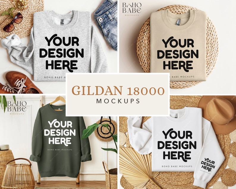 May include: A collection of Gildan 18000 crewneck sweatshirts in heather gray, beige, olive green, and white. Each sweatshirt features the bold black text YOUR DESIGN HERE printed on the front, with some versions including the same text on the sleeve.