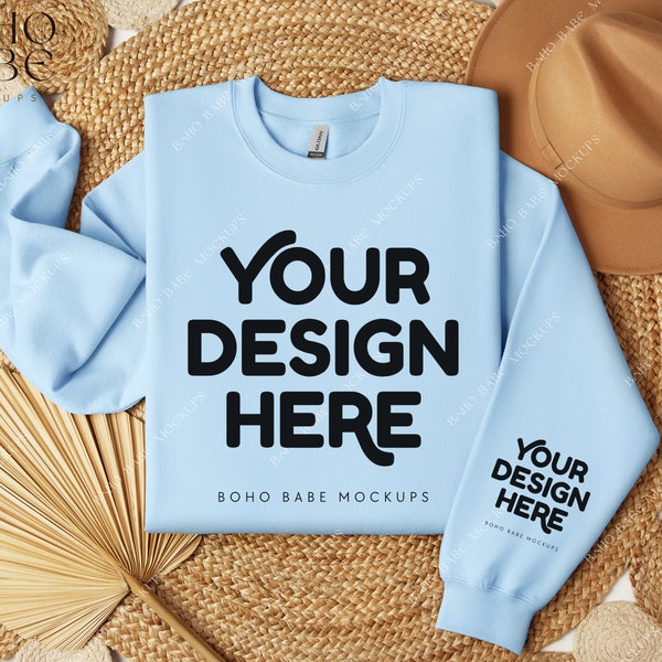 LIGHT BLUE Gildan 18000 Sleeve Sweatshirt Mockup | Cuff Print Mockup, Pocket Design Mock, Folded Crewneck Sweater Photo, POD Boho Flat Lay