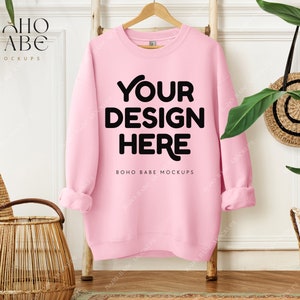 Gildan 18000 Light Pink Sweatshirt Mockup | Hanging Gildan Sweater Mock-up, Boho Sweatshirt Mockups, Crewneck Pullover Mock ups, Pink Jumper
