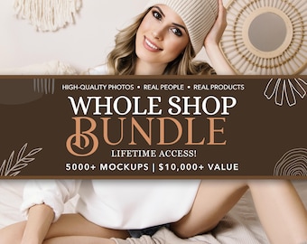 May include: A brown rectangular banner featuring white and light orange text that reads: HIGH-QUALITY PHOTOS • REAL PEOPLE • REAL PRODUCTS, WHOLE SHOP BUNDLE, LIFETIME ACCESS!, 5000+ MOCKUPS | $10,000+ VALUE. The banner includes white line art illustrations.