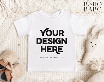 3001B WIT Bella Canvas 3001B Mockup, Baby T-shirt met korte mouwen, Kids Tshirt Flatlay, Baby Boy Girl Shirt Foto, POD Boho Flat Lay
