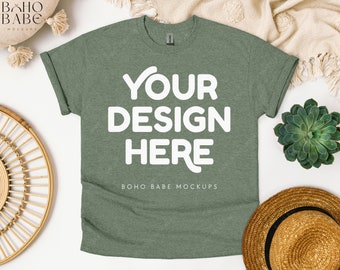 Gildan 5000 HEATHER MILITARY GREEN Mockup, Gildan 5000 Flat Lay Tshirt Mock-ups, Boho Flat Lay Shirt Mock, Gildan Heavy Cotton Tee Flatlay