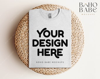 Gildan 64000 Mockup ASH Grey | Gildan Softstyle T-shirt Mock up, Boho Folded Shirt Flat Lay, Real Photography Mockups, POD Template