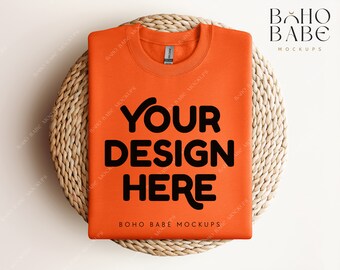 Gildan 18000 Crewneck Mockup - Orange | Gildan Flat Lay Mockup, Folded Sweatshirt Mockup, Pullover Mock up, Gildan Crewneck 18000