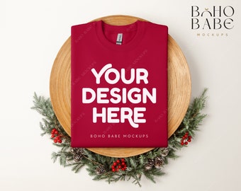 KERSEN ROOD Gildan 18000 kerstmodel | Gildan Sweater Xmas Flat Lay Mockup, Gevouwen Sweatshirt Mock, G18000 Pullover Crewneck Mock up