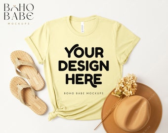 HEATHER FRENCH VANILLA Bella Canvas 3001 Mockup, 3001cvc Boho Flat Lay Side Knot Tshirt Mock-up, PoD Trendy Mock High Quality Photo Template