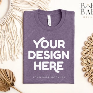 HEATHER PURPLE Bella Canvas 3001 cvc Folded Mockup, Boho Flat Lay Tshirt Mock-up, Bella Canvas Folded Flatlay Mockup, Pod T-shirt Mock