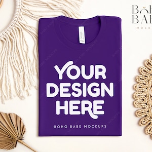 TEAM PURPLE Bella Canvas 3001 Folded Mockup, Boho Flat Lay Tshirt Mock-up, Bella and Canvas Folded T-shirt Flatlay Mockup, POD Tee Photo