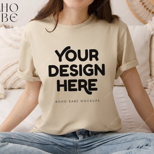 SAND Gildan 64000 Model Mockup, Boho Lifestyle Woman Mock-up, Softstyle Tshirt Female Model Mock, POD Real Product, Tee Photo Template