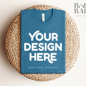 HEATHER DEEP TEAL Bella Canvas 3001 cvc Folded Mockup, Boho Flat Lay Tshirt Mock-up, Bella Canvas Folded Flatlay Mockup, Pod T-shirt Mock