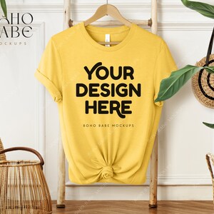 HEATHER YELLOW GOLD Bella Canvas 3001 Mockup, 3001 cvc Heather Yellow Gold Mock-up, Boho Hanging Tshirt Mockup, Bella and Canvas Flatlay