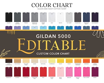 Könnte beinhalten: Farbkarte für Gildan 5000 T-Shirts aus schwerem Baumwollstoff. Die Karte zeigt eine Vielzahl von Farben, darunter Schwarz, Weiß, Grau, Blau, Rot, Grün, Gelb, Orange und Braun.
