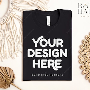BLACK Bella Canvas 3001 Maquette pliée, Boho Flat Lay Tshirt Mock-up, Bella et Canvas Folded T-shirt Flatlay Mockup, POD Tee Photo