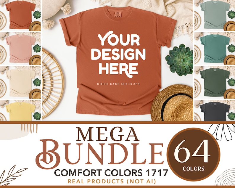 May include: A terracotta-colored t-shirt with the text "YOUR DESIGN HERE" is the focal point of this image. The image showcases a mockup with various t-shirt colors, a straw hat, and a succulent. The text "MEGA BUNDLE 64 COLORS" is also visible.