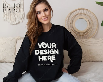 Gildan 18000 Black Sweatshirt | Gildan Crewneck Mockup | Model Mockup | Boho Sweater Mockup | Oversized Crewneck Mockup | Black Gildan Mock