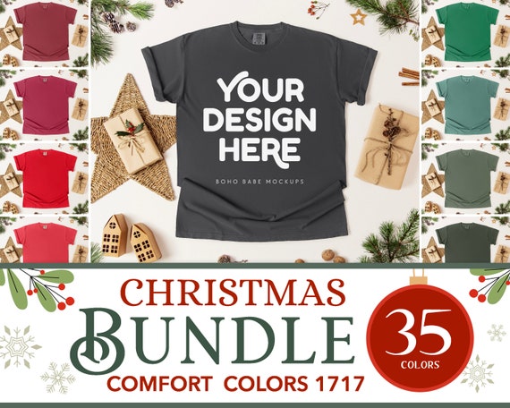 Comfort Colors 1717 Christmas Mockup Bundle | CC1717 Xmas Flatlay Mock up Bundle, Boho Flat Lay Tshirt Template, POD Unisex Shirt