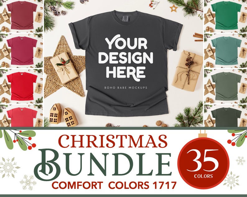 Comfort Colors 1717 Christmas Mockup Bundle | CC1717 Xmas Flatlay Mock up Bundle, Boho Flat Lay Tshirt Template, POD Unisex Shirt image 1