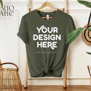 3001 MILITARY GREEN Mockup, Bella Canvas 3001 Mockup, Boho Hanging Tshirt Mock-up, Bella and Canvas Shirt Knot Flatlay, POD Tee Sublimation
