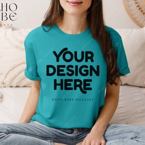 TROPICAL BLUE Gildan 64000 Model Mockup, Boho Lifestyle Woman Mock-up, Softstyle Tshirt Female Model Mock, POD Real Product, Photo Template