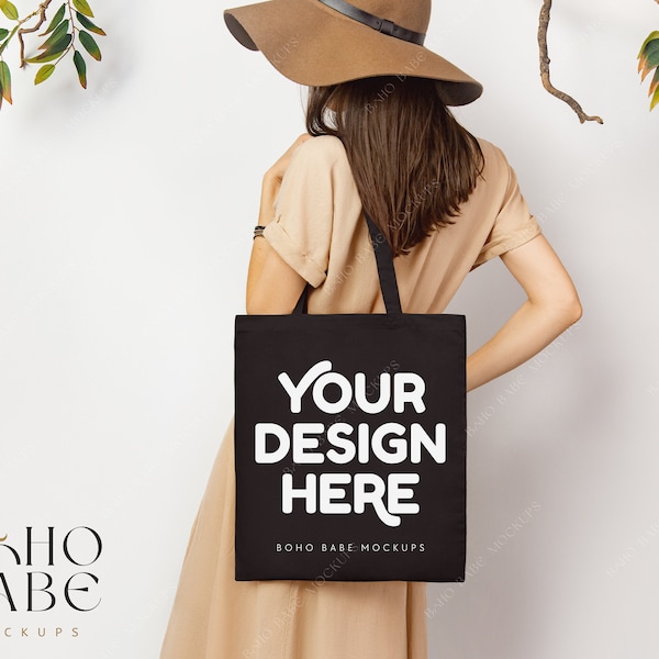 Black Tote Bag Mockup, Boho Tote Bag Model Mock, Hanging Tote Mock-up, Shopping Bag Mock up, Cotton Canvas Tote Bag Mockup Sublimation SVG