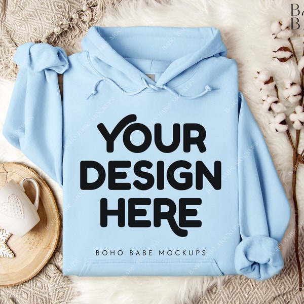 LIGHT BLUE Gildan 18500 Mockup | Gildan Hoodie Flat Lay G18500 Folded Hoodie Mockup, Boho Christmas Mock, POD Digital Template, Real Photo