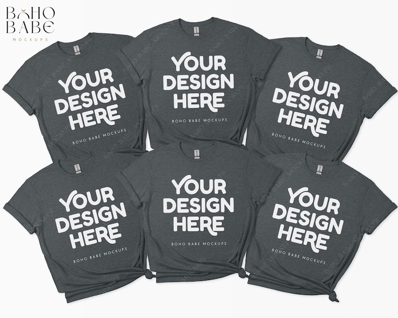 Puede incluir: Seis camisetas de color gris jaspeado con el texto "YOUR DESIGN HERE" impreso en blanco en cada camiseta. Las camisetas est&aacute;n apiladas, con el texto mirando hacia el espectador.