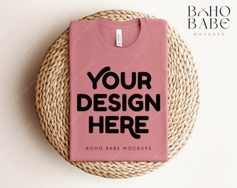 MAUVE Bella Canvas 3001 Folded Mockup, Boho Flat Lay Tshirt Mock-up, Bella and Canvas Folded T-shirt Flatlay Mockup, POD Tee Photo