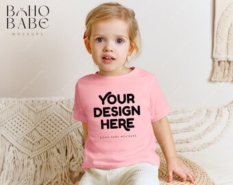 3001T PINK Bella Canvas 3001T Maqueta / Maqueta de modelo para niños, Mock de camiseta para niños pequeños, Camiseta para niños Flatlay, Foto de camisa de niña, POD Boho Flat Lay