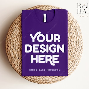 TEAM PURPLE Bella Canvas 3001 Folded Mockup, Boho Flat Lay Tshirt Mock-up, Bella and Canvas Folded T-shirt Flatlay Mockup, POD Tee Photo