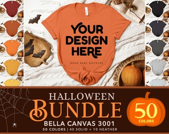 Halloween Mockups | Bella Canvas 3001 Mockup Bundle, 50 Fall T-shirt Mockups, 3001cvc Autumn Flat Lay Mock Ups, POD Tee Shirt Mocks SVG