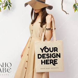 Natural Tote Bag Mockup, Boho Tote Bag Model Mock, Hanging Tote Mock-up, Boodschappentas Mock up, Katoenen Canvas Tote Bag Mockup Sublimatie SVG