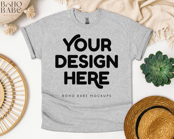 Gildan 5000 SPORT GREY Mockup, Gildan 5000 Flat Lay Tshirt Mock ups, Boho Flat Lay Shirt Mock, Gildan Heavy Cotton Unisex Tee Flatlay