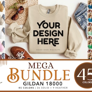 Gildan 18000 Mockup Bundle | Gildan Crewneck Mockup Bundle, Folded Sweatshirt Mockup Bundle, Boho Styled Sweater Mockups, POD Flat Lay Mock