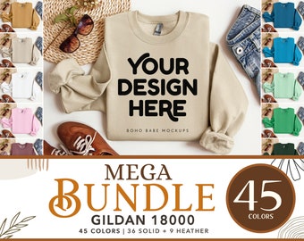 Zestaw makiet Gildan 18000 | Zestaw makiet Gildan z okrągłym dekoltem, Zestaw makiet składanych bluz, Makiety swetrów w stylu boho, Makieta POD Flat Lay